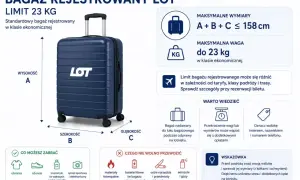 Granatowa walizka LOT z logo, limit bagażu rejestrowanego 23 kg, wymiary i wskazówki dotyczące podróży.