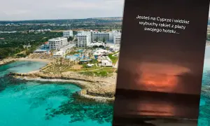 Widok na kurort na Cyprze. Tekst na zdjęciu sugeruje, czy Cypr jest bezpieczny, pokazując wybuchy rakiet z plaży.