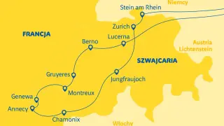Mapa turystyczna Szwajcarii z zaznaczonymi miastami: Genewa, Annecy, Chamonix, Montreux, Gruyeres, Berno, Zurych, Lucerna, Jungfraujoch, Stein am Rhein. Trasa prowadzi przez Francję, Niemcy, Austrię i Włochy.