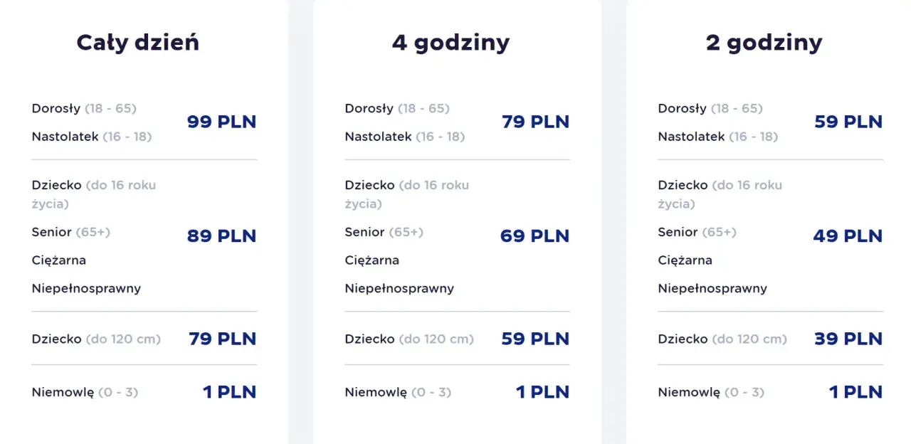 Cennik Suntago: cały dzień 99 PLN, 4 godziny 79 PLN, 2 godziny 59 PLN. Sprawdź, ile kosztuje bilet do Suntago dla Ciebie!