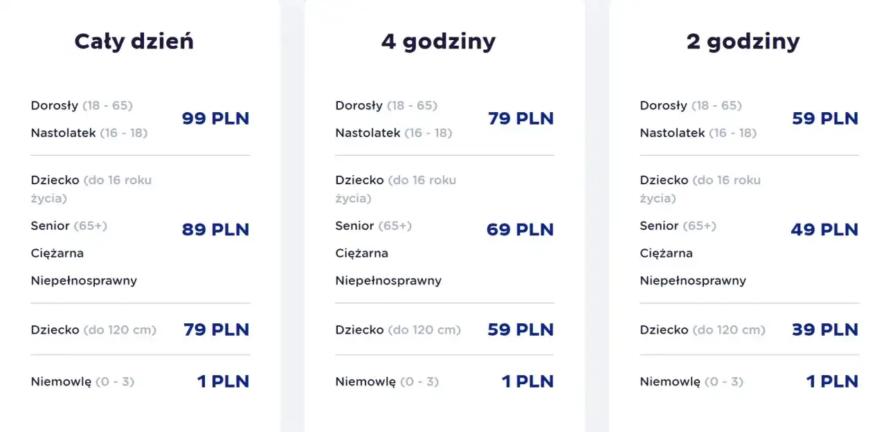 Cennik Suntago: cały dzień 99 PLN, 4 godziny 79 PLN, 2 godziny 59 PLN. Sprawdź, ile kosztuje bilet do Suntago dla Ciebie!