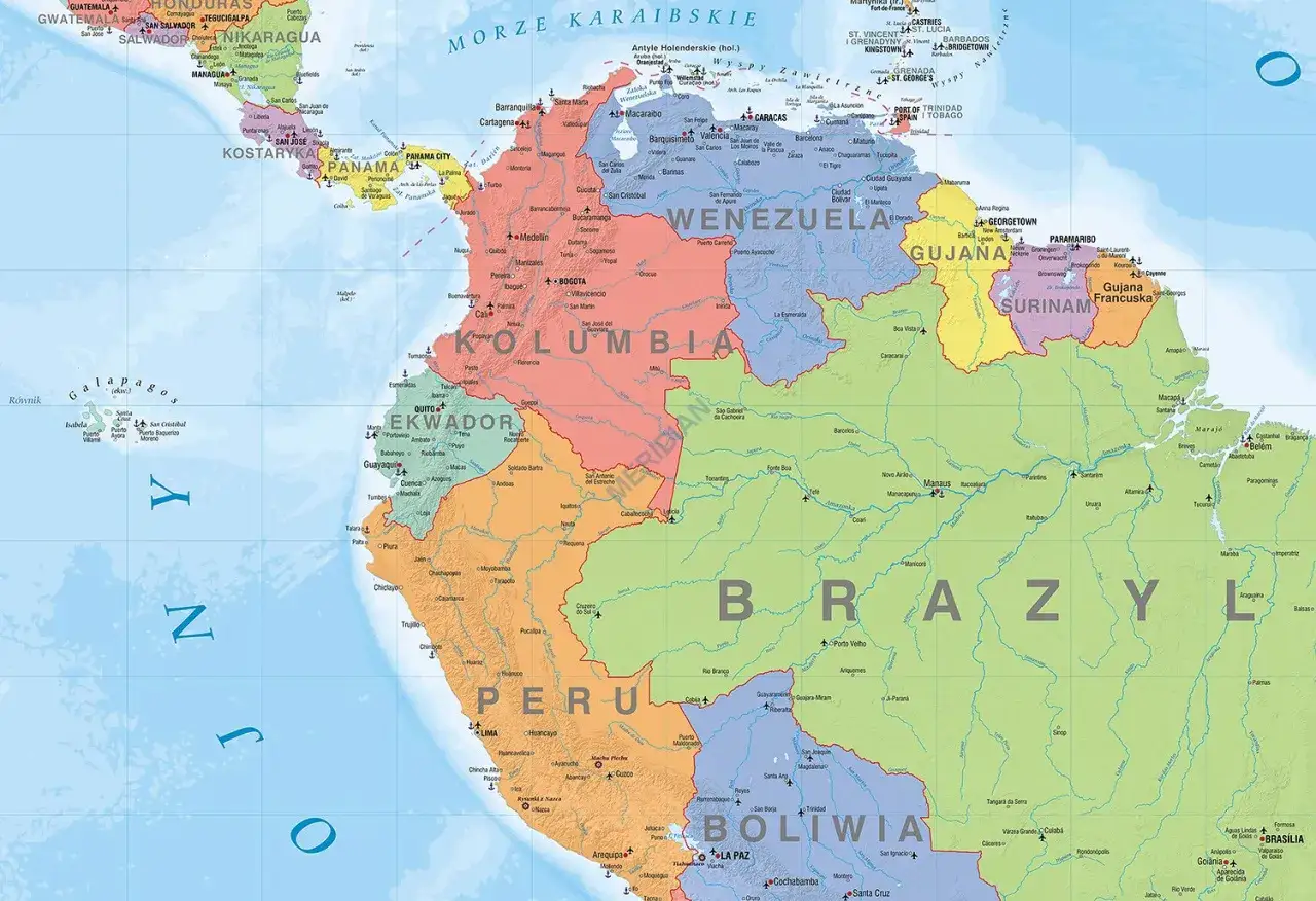 Mapa polityczna Ameryki Łacińskiej z zaznaczonymi krajami, stolicami i rzekami. Widoczne Kolumbia, Brazylia, Peru, Boliwia, Ekwador, Wenezuela, Gujana, Surinam i Gujana Francuska.