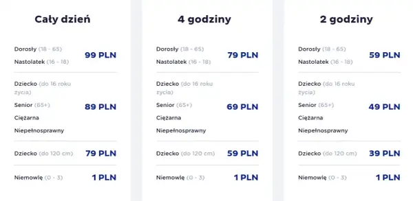 Cennik Suntago: cały dzień 99 PLN, 4 godziny 79 PLN, 2 godziny 59 PLN. Sprawdź, ile kosztuje bilet do Suntago dla Ciebie!